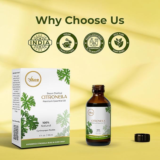 My Ace Citronella Essential Oil – 100% Pure & Natural Steam Distilled Oil – 4 fl oz Amber Glass Bottle with Dropper – Aromatherapy, Diffuser, Skin & Hair Care, Massage, Soap & Candle Making