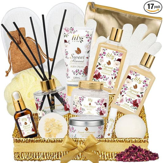 Mother's Day Gift Basket 17Piece Honey Almond Spa Gift Basket for Women Bath and Body Gift Basket Set Kit with Shower Gel | Christmas, Valentines Day Gifts for Women, Birthday Gifts for Her, Wife, Mom