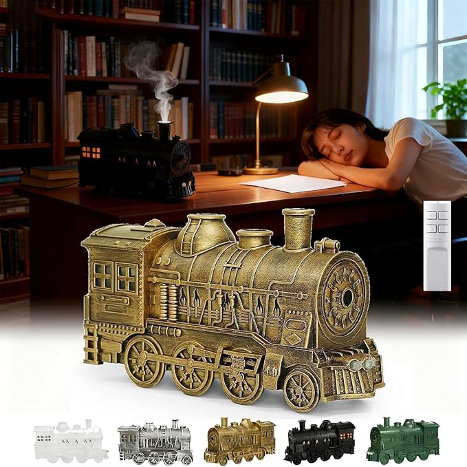 2026 New Train Diffuser, 300ml Train Essential Oil Diffuser – Aromatherapy Humidifier with Dual-Color LED Light, Ultrasonic Cool Mist, Quiet Auto Shut-Off Steam for Home & Office (Gold, Remote)