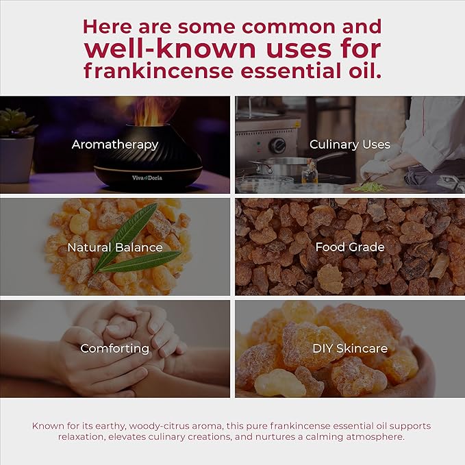 Viva Doria Frankincense Essential Oil, 100% Pure, Natural Essential Oil, Undiluted, for Aromatherapy | Food Grade, 15 mL (0.5 Fluid Ounce)