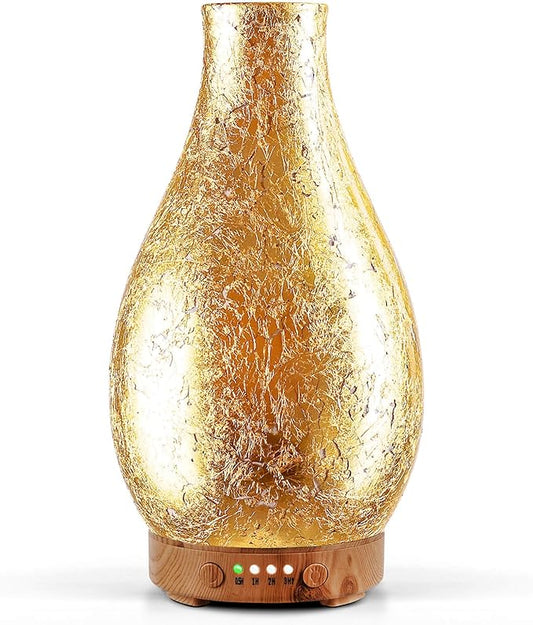 Porseme 100ml Gold-Plated Volcano Essential Oil Diffuser 3D Glass - Elegant and Effective Aromatherapy with 7 Color Changing LEDs and Waterless Auto-Off, BPA Free for Home Yoga Leisure SPA Gift