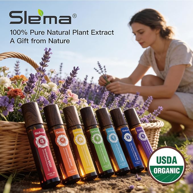Slema 7 Chakra Essential Oil Roll-On Gift Se – 7 x 10ml Crystal & Jade Rollerballs for Mindfulness, Relaxation & Daily Self Care Rituals (7 x 10ml-Essential Oil Roller Sets)