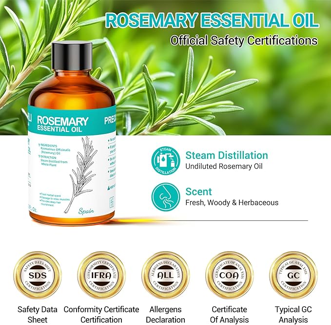 Rosemary Essential Oil with Glass Dropper 3.38 fl oz, 100% Natural Oil for Hair Care, Scalp Massage, Diffuser, Aromatherapy, Soap and Candle Making, Self Care Use