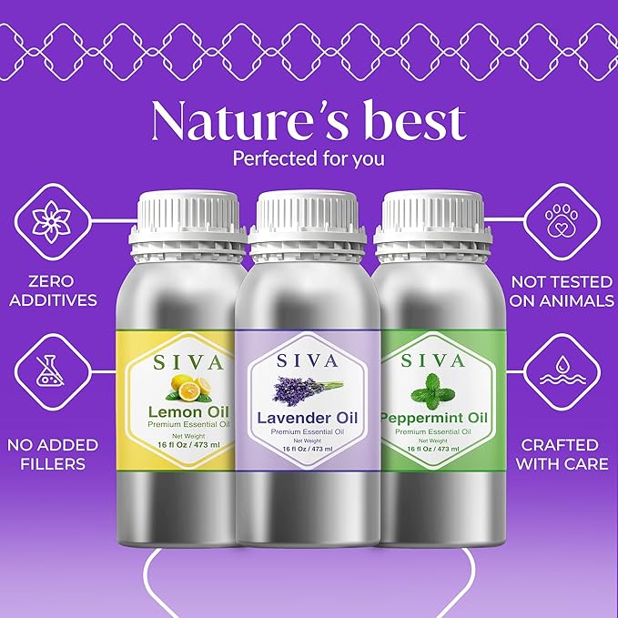 Siva Lavender, Lemon and Peppermint Essential Oil 16oz Bundle Super Saver Combo – Premium Grade Value Set for Aromatherapy, Skincare and Haircare