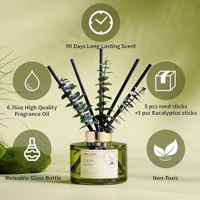 Airkeep Reed Diffuser Set with 6.76 fl oz Clean Linen Scent Essential Oils and 3 Leaves & 8 Diffuser Sticks,Bathroom Shelf Decor & Air Freshener, House Bedroom Office Decor & Gifts