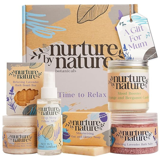 Nurture by Nature Spa Gifts for Women - Mothers Day Gifts for Mom, Self Care Gift Set & Spa Gift Basket for Women, 6 Piece Bath Set with Candle, Bath Bomb, Salts & Pillow Spray - Relaxation Gifts