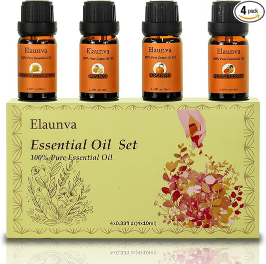 Essential Oils Set,4 Scents(Orange/Lemon/Grapefruit/Buddha's Hand Citrus),for Aromatherapy and Home Fragrance,Autumn Aroma Therapy Oil,Gift for Friends/Family (0.33Fl Oz*4, Fruit Set)