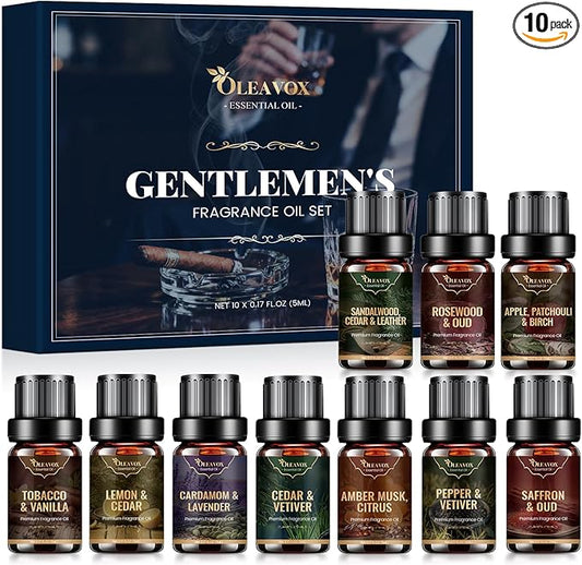 Men Essential Oils Set, Gift for Father, Masculine Fragrance Oils Blends for Diffuser, Candle & Soap Making, Car Diffuser Scents, Sandalwood Cedar&Leather, Tobacco&Vanilla More 10x5ml
