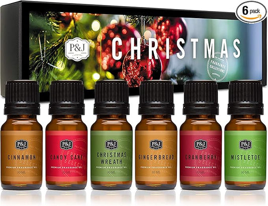 P&J Fragrance Oil Christmas Set | Christmas Wreath, Mistletoe, Candy Cane, Gingerbread, Cinnamon, and Cranberry Candle Scents, Freshie Scents, Candle/Soap Making Supplies