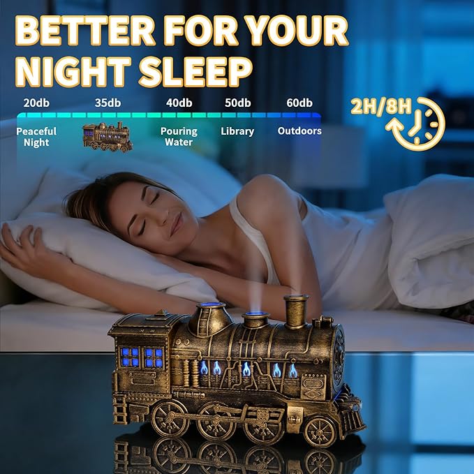 Train Diffusers for Essential Oils with Remote Control, 300ML Creative Lighting Steam Locomotive Humidifier, 2-Color Light & Mist Modes for Bedroom Office