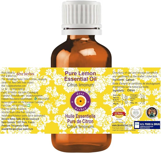 Deve Herbes Lemon Essential Oil (Citrus limonum) Pure | Non-Sticky | Non-Greasy | Lightweight | Men & Women | All Skin Types | Steam Distilled 30ml
