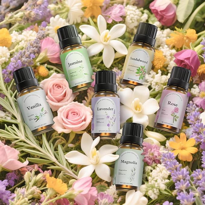 Natural Essential Oil Blend Set - 6x10ml Floral Garden Collection - Plant-Based Scented Oils for Diffuser, Humidifier, Home Fragrance & DIY - Vanilla, Sandalwood, Lavender, Jasmine, Rose, Magnolia