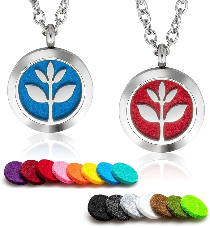 Plant Guru Essential Oil Diffuser Necklace Set Kit with Breathe Blend 10 ml., 25mm Stainless Steel Locket Pendant with 24" Adjustable Chain, 15 Washable Refill Felt Pads. Aromatherapy Jewelry