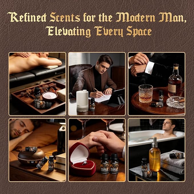 Men Diffuser Oils Gift Set, SNOWSEN Gentlemen's Essential Oil Set for Diffuser for Home, Candles Scents & Perfume, Sandalwood, Cologne, Smoked Ebony, Amber Rum, Cedar, Sweet Tobacco