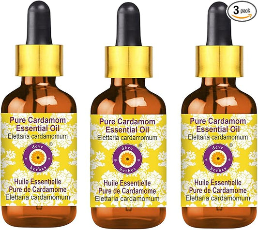 Deve Herbes Pure Cardamom Essential Oil (Elettaria cardamomum) with Glass Dropper Steam Distilled (Pack of Three) 100ml X 3 (10 oz)