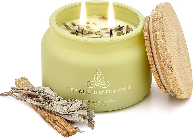 Cleansing and Protecting | 2-Wick Scented Candles for Home | Palo Santo & Sage | Natural Non Toxic Soy Candles with Essential Oils | 50 H Long Burning | Aromatherapy Candle Jar with Lid -9.5oz
