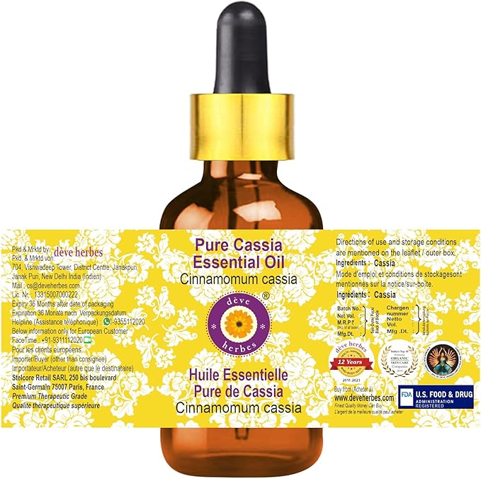 Deve Herbes Pure Cassia Essential Oil (Cinnamomum Cassia) with Glass Dropper Steam Distilled 30ml (1 oz)