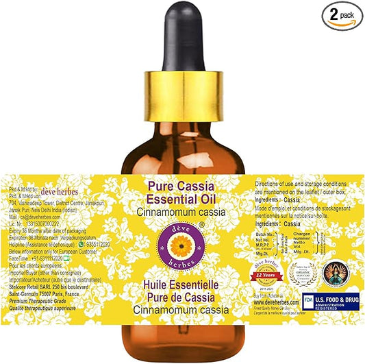 Deve Herbes Pure Cassia Essential Oil (Cinnamomum Cassia) with Glass Dropper Steam Distilled 100ml (3.38 oz)