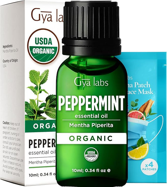 Gya Labs USDA Certified Organic Peppermint Essential Oil for Diffuser - for Topical Use, Hair, Body, Massages, Aromatherapy, DIY Candle Making Scents - 0.34 Fl Oz