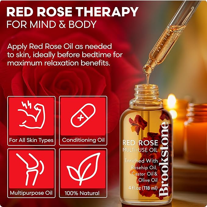Brookstone Red Rose Multi-Use Essential Oil for Hair, Face & Body - Deep Floral Rose Aroma, Enriched with Rosehip, Castor & Olive Oils (4 fl oz / 118 mL)