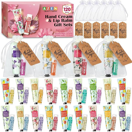 AZEN 120 Sets Bulk Gifts, Hand Cream and Lip Balm Bulk Set with Organza Bag Thank You Card, Baby Shower Wedding Gift for Guests, Bridal Wedding Favors for Guests, Mothers Day Gifts Stocking Stuffers