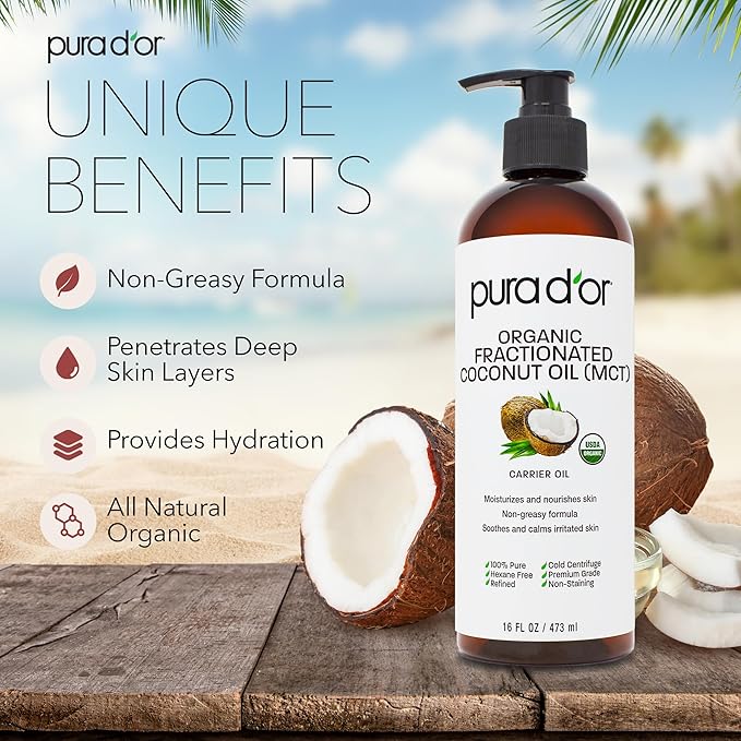 PURA D'OR ORGANIC Fractionated Coconut Oil MCT Oil (16 Oz) 100% Pure & Natural USDA Certified Cold Pressed - Unscented, Hexane Free Moisturizer For Face, Skin & Hair Tonic - Men & Women