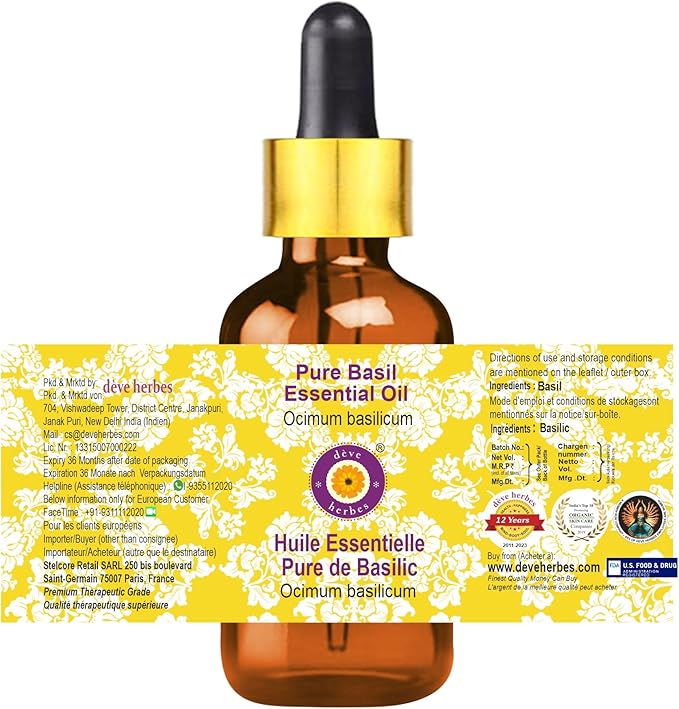 Deve Herbes Pure Basil Essential Oil (Ocimum basilicum) with Glass Dropper Steam Distilled 30ml (1 oz)