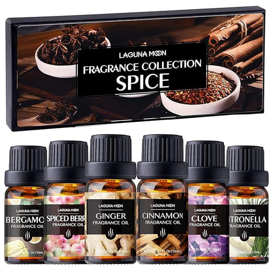 Lagunamoon Fall Essential Oils Set - Spice Fragrance Oils Autumn Gift Set for Diffusers, Home Care, Candle Making Scents, Aromatherapy - Cinnamon, Clove, Citronella, Ginger and Spiced Berries (10mL)
