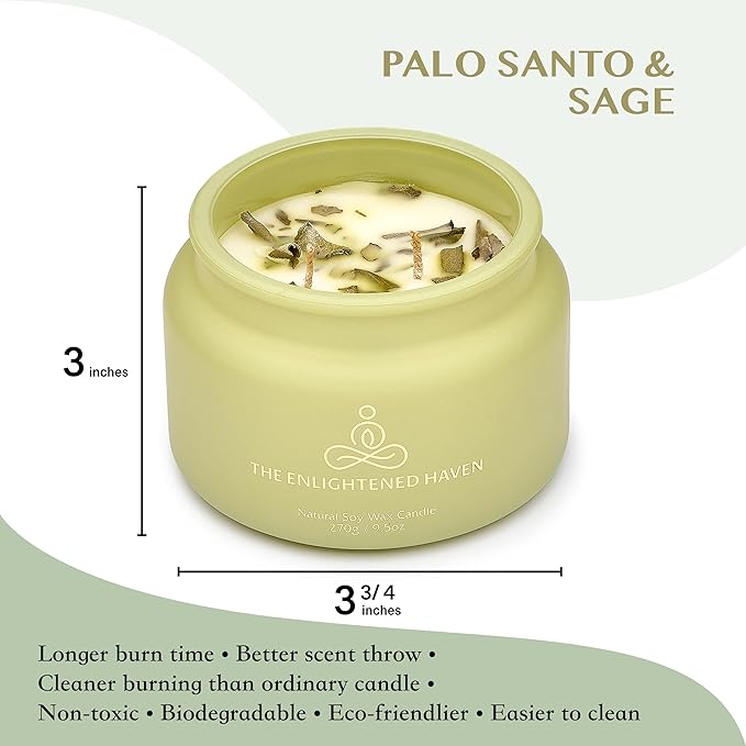 Cleansing and Protecting | 2-Wick Scented Candles for Home | Palo Santo & Sage | Natural Non Toxic Soy Candles with Essential Oils | 50 H Long Burning | Aromatherapy Candle Jar with Lid -9.5oz