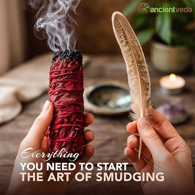 Ancient VEDA Organic Smudge Kit – Dragon's Blood, Palo Santo, Sweetgrass Braid, Feather & Smudge Guide | Home Cleansing Kit for Meditation, Yoga, Energy Healing (Starter Kit, Dragon's Blood Sage)