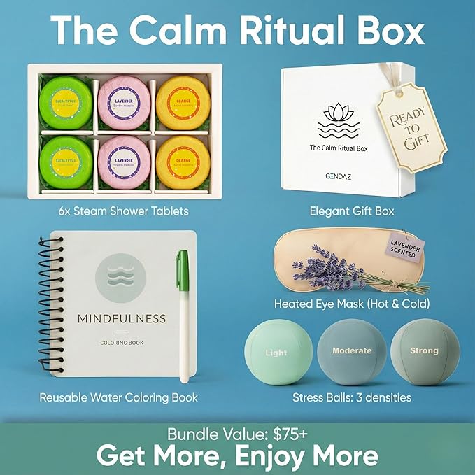 Stress Relief Gifts with Heated Eye Mask, Stress Balls for Adults, Shower Steamers & Adult Coloring Book for sinus relief – Self Care Relaxation Kit, Anxiety Relief Items and Mother's Day