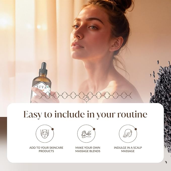 Siva Black Seed Oil Organic - 4 Fl Oz – 100% Natural Cold Pressed Black Seed Oil - for Face, Skin Care, Hair Care, Scalp Massage & Body Massage – Carrier Oil with Dropper