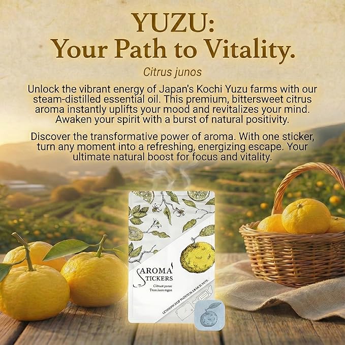 AROMA STICKERS® (Yuzu, Pack of 1) - 100% Natural Essential Oil Mask Stickers for Face Mask & Pillow (12 Stickers/pc) -Pure Essential Oil Scented Mask Patch/Personal Aroma/Relaxing