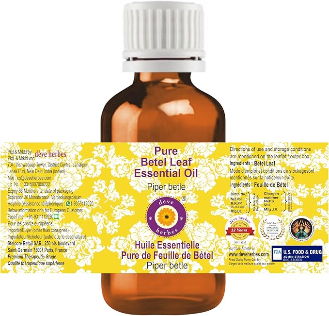 Deve Herbes Pure Betel Leaf Essential Oil (Piper betle) Steam Distilled 10ml (0.33 oz)