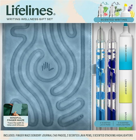 Lifelines Writing Wellness Gift Set - Scented Writing Set Includes Finger Maze Sensory Journal, 3 Scented Stacking Highlighters & 2 Lava Gel Pens - Aromatherapy & Sensory Immersion
