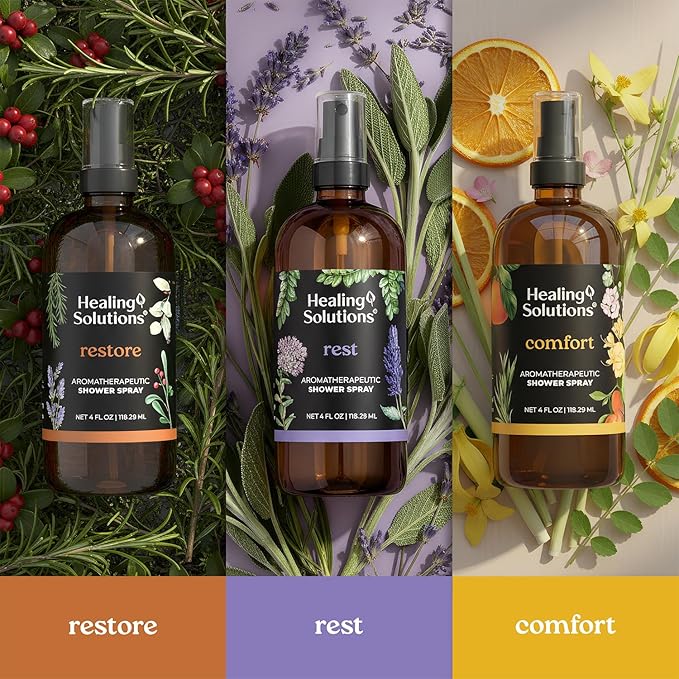 Healing Solutions Aromatherapy Shower Spray, Restore Blend, 4oz, Essential Oils, Made in the USA, At Home Spa Experience, Promotes Muscle Relaxation
