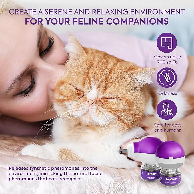 TopSum Cat Calming Pheromone Diffuser: Feline Pheromones Plug in for Stress, Along At Home, Spraying, Fighting, Scratching, Aggression & Excessive Meowing (Purple– 6 Refills)