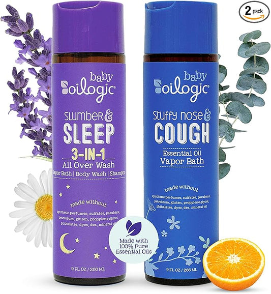 Oilogic Bath Baby Essentials (Slumber & Sleep, Stuffy Nose & Cough) - Gentle Baby All-Over Wash with Essential Oils to Soothe, Calm & Comfort - Pediatrician-Tested & Safe for Babies & Toddlers