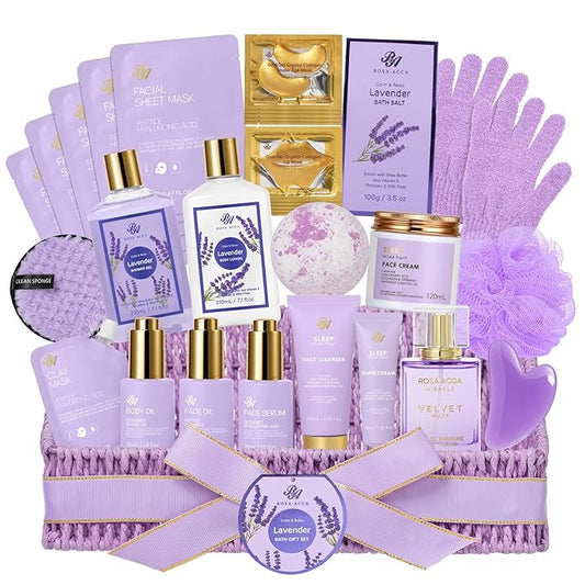 Mothers Day Gifts Basket for Mom, 32 Pcs Lavender Bath and Body Gift Basket Set for Women, Hydrating Facial Skin Care Set, Home Spa Self-Care Basket Set, Birthday, Anniversary, Wife