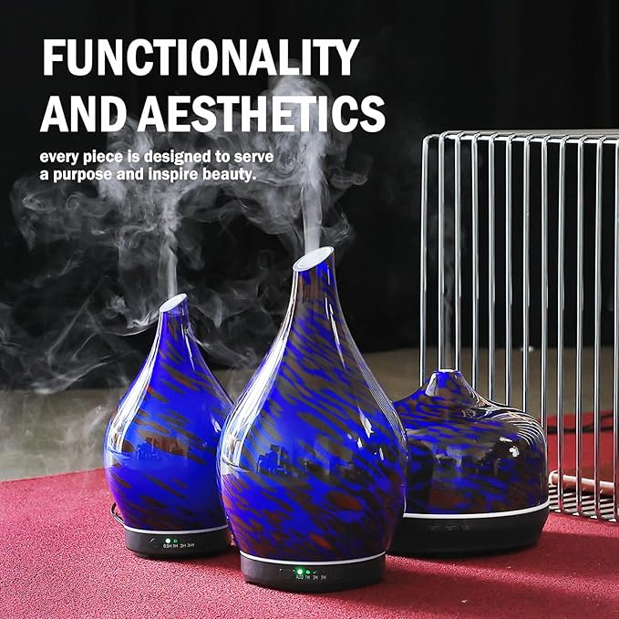 Porseme Essential Oil Diffuser Hand-Blown Glass Aroma Diffusor, Aromatherapy Unltrasonic Cool Mist deffuser, 7 Color Changing, Waterless Shut-Off, Timer Function for Home Office(280ml, Cobalt Blue)