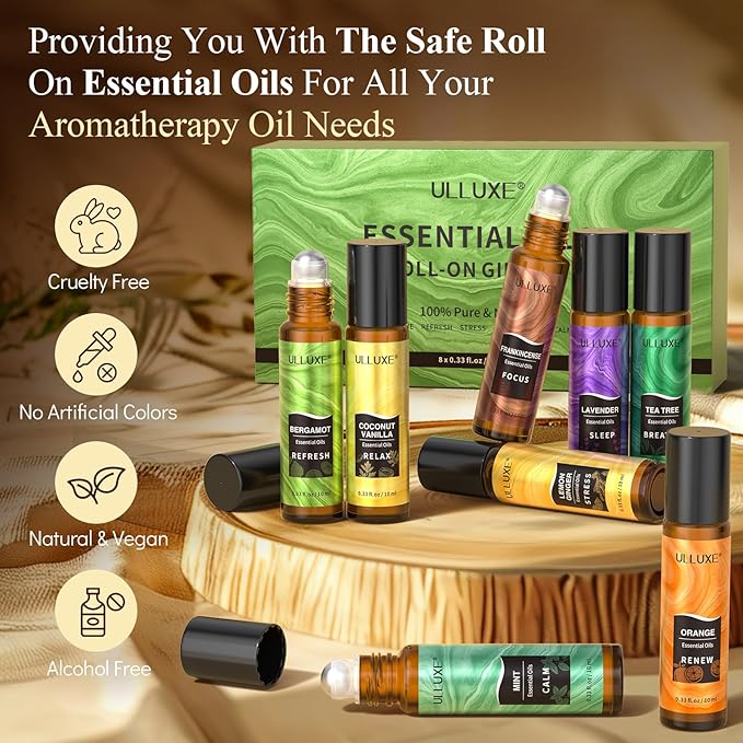 Essential Oils Roll On Set 8 Pack 8 Scent, Gifts for Mom, Wife, Sisters, Self Care Gifts for Women, Essential Oil Roller Set, Natural Aromatherapy Roll Oil Blends for Skin, Relaxing Gift for Women