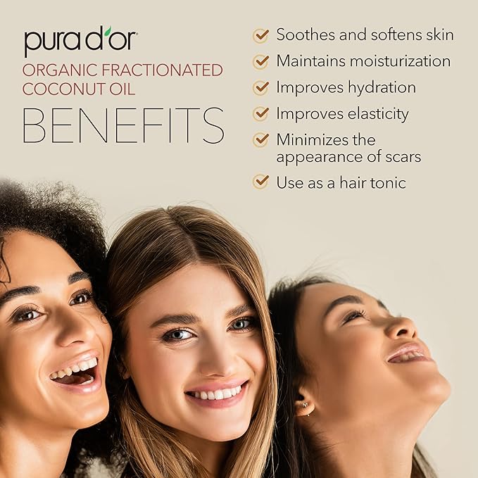 PURA D'OR ORGANIC Fractionated Coconut Oil MCT Oil (16 Oz) 100% Pure & Natural USDA Certified Cold Pressed - Unscented, Hexane Free Moisturizer For Face, Skin & Hair Tonic - Men & Women