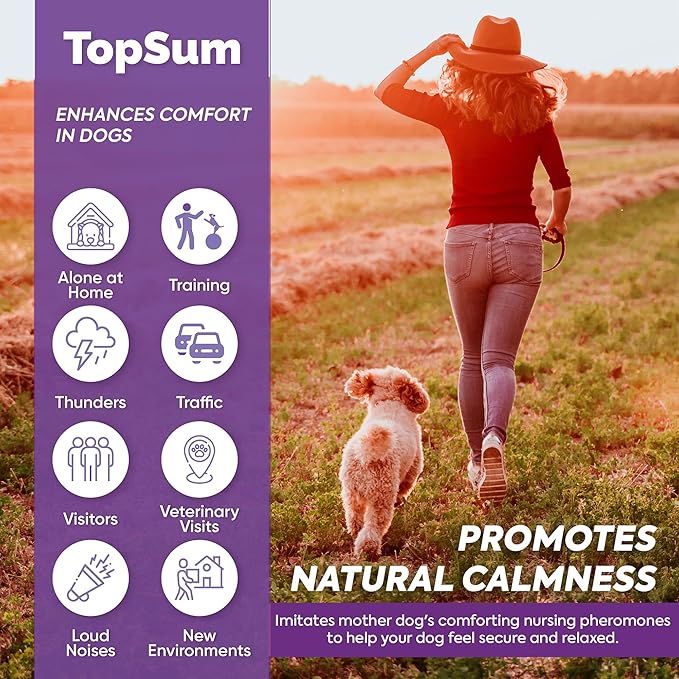 TopSum Calming Diffuser for Dog: Dog Pheromones Calming Diffuser Plug for Stress, Barking, Chewing, Pee Accidents & Separation Behaviors (Purple– 1 Diffuser+3 Refills)