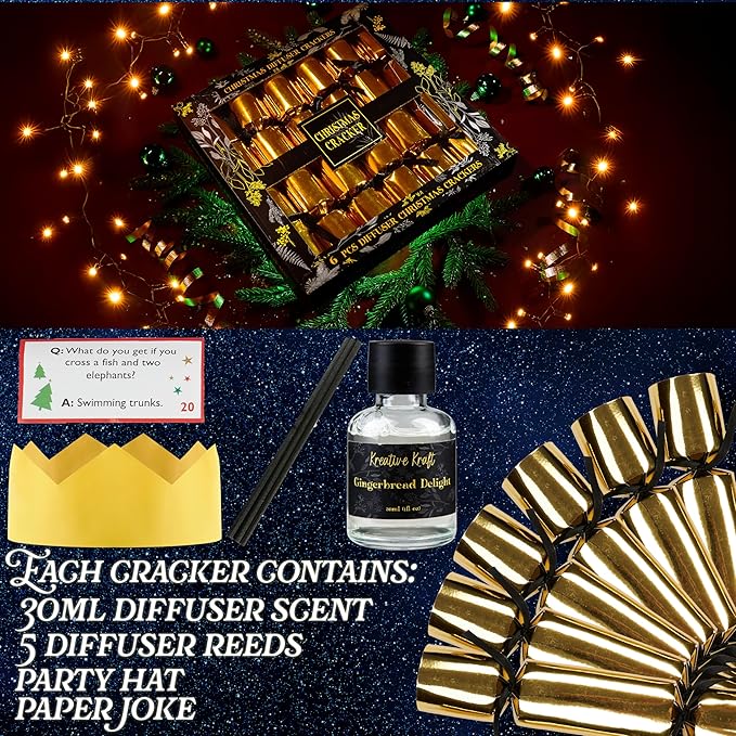 KreativeKraft Luxury Reed Diffuser Christmas Crackers, No-Snap 6 Pack Fragrance Party Favors with Hats & Jokes, Christmas Decorations Holiday Gift (Multi Diffuser)