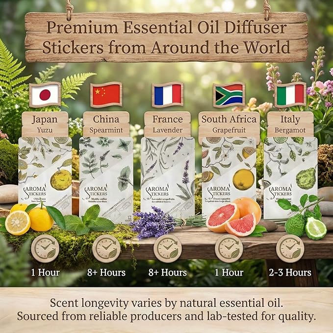 AROMA STICKERS®- (All Scents, Pack of 5) - 100% Natural Essential Oil Stickers for Face Mask & Pillow (12 Stickers/pc) -Pure Essential Oil Scented Patch/Personal Aroma/Relaxing/Refreshing