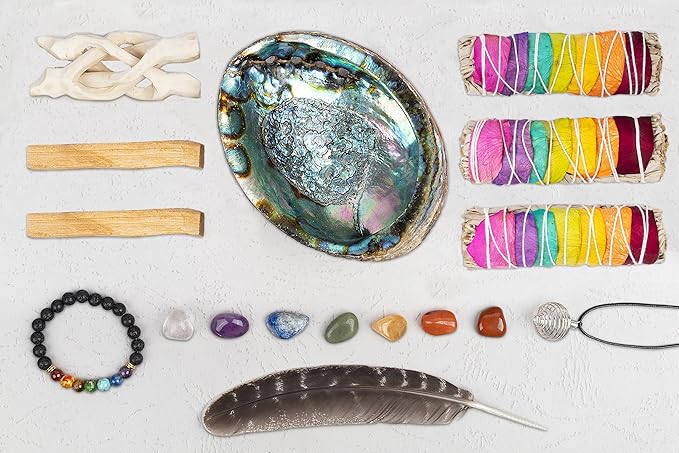 Wish Well Sage Smudge Kit - 3 Seven Chakra Sage Sticks, 2 Palo Santo Sticks, Abalone Shell, Stand, Feather, 7 Chakra Stones & Crystal Bracelet ~ Sage Incense Sticks for Cleansing House & Meditation