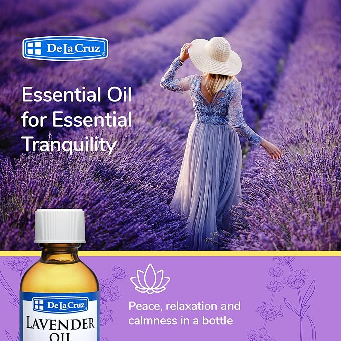 De La Cruz Lavender Essential Oil Steam-Distilled - 100% Pure Lavender Oil for Aromatherapy 2 Fl Oz (Pack of 1)