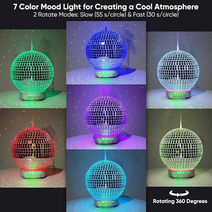SCANDINORDICA Disco Ball Diffuser Rotating - 300 ML Essential Oil Diffuser with Whisper Quiet Operation, Night Lights, Cute Maximalist Disco Ball Decor | Aromatherapy Diffuser for Large Room Pink