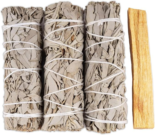 Wish Well 3 pc White Sage Smudge Sticks with Palo Santo Stick - Sage Incense Sticks for Smudging, Healing, Meditation, Home Cleansing - 4” White Sage Sticks & Palo Santo Incense Stick