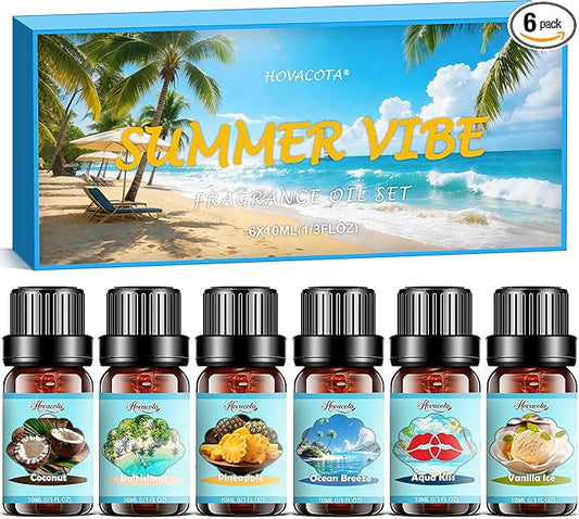 Summer Fragrance Oils Set, Premium Essential Oils for Diffuser, Natural Aromatherapy Oils for Soap Candle Making - Ocean Breeze, Coconut, Pineapple, Bali Island, Vanilla Ice Cream, Aqua Kiss